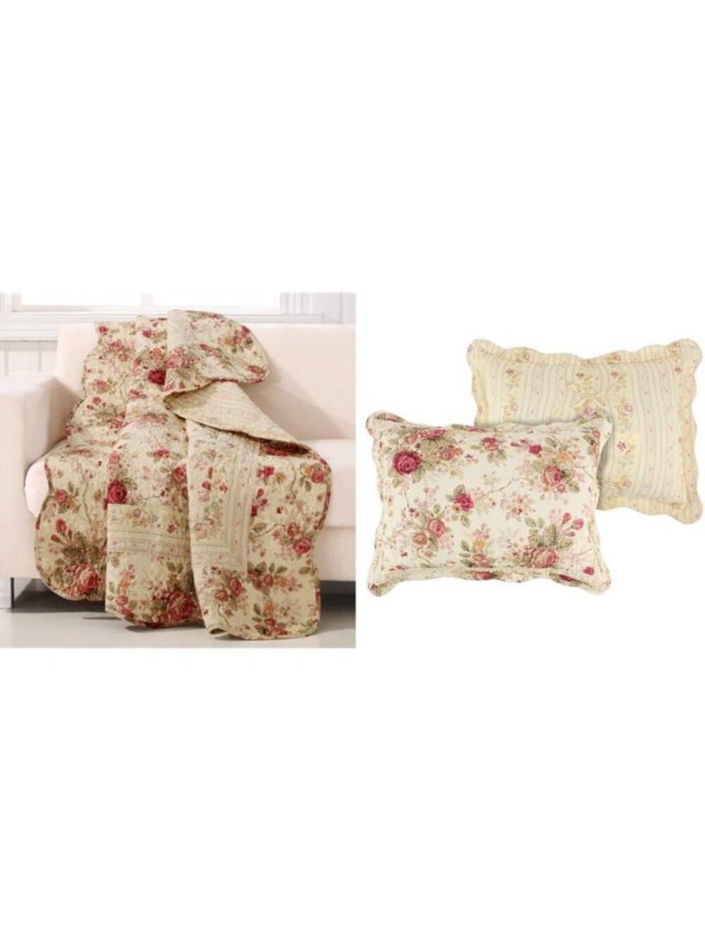 Antique Rose Throw Blanket & Quilted Pillow Sham Set, 100% Cotton, Ecru, Full